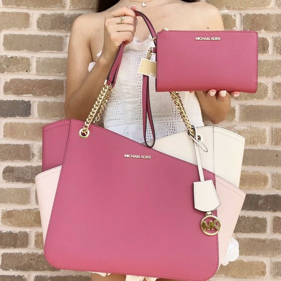 Michael Kors Handbags - Michael Kor Tote Pink Multi + Double Zip Wristlet